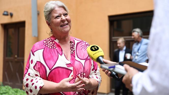 Socialtjänstminister Camilla Waltersson Grönvall (M) vid regeringens sommarfika på Rosenbads innergård.