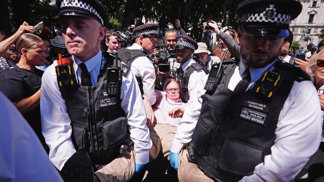 Poliser för bort en person som deltagit i en protest mot att organisationen Palestine Action terrorstämplas. Ett medlemskap i Palestine Action kan nu ge 14 år fängelse i Storbritannien.