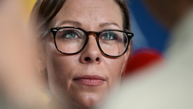 Utrikesminister Maria Malmer Stenergard (M) vid regeringens sommarfika på Rosenbads innergård på torsdagen.