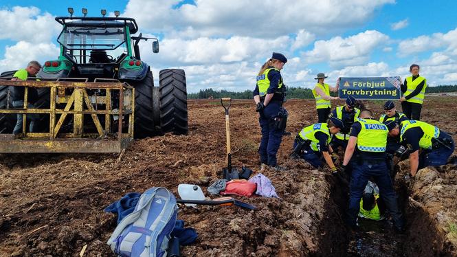 Poliser kämpar med att avlägsna aktivister som gräver igen diken för att stoppa klimatskadlig torvbrytning vid Grimsås mosse.