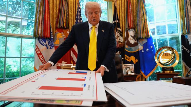 President Donald Trump bläddrar bland diagram under en presentation om USA:s ekonomi i Vita huset.