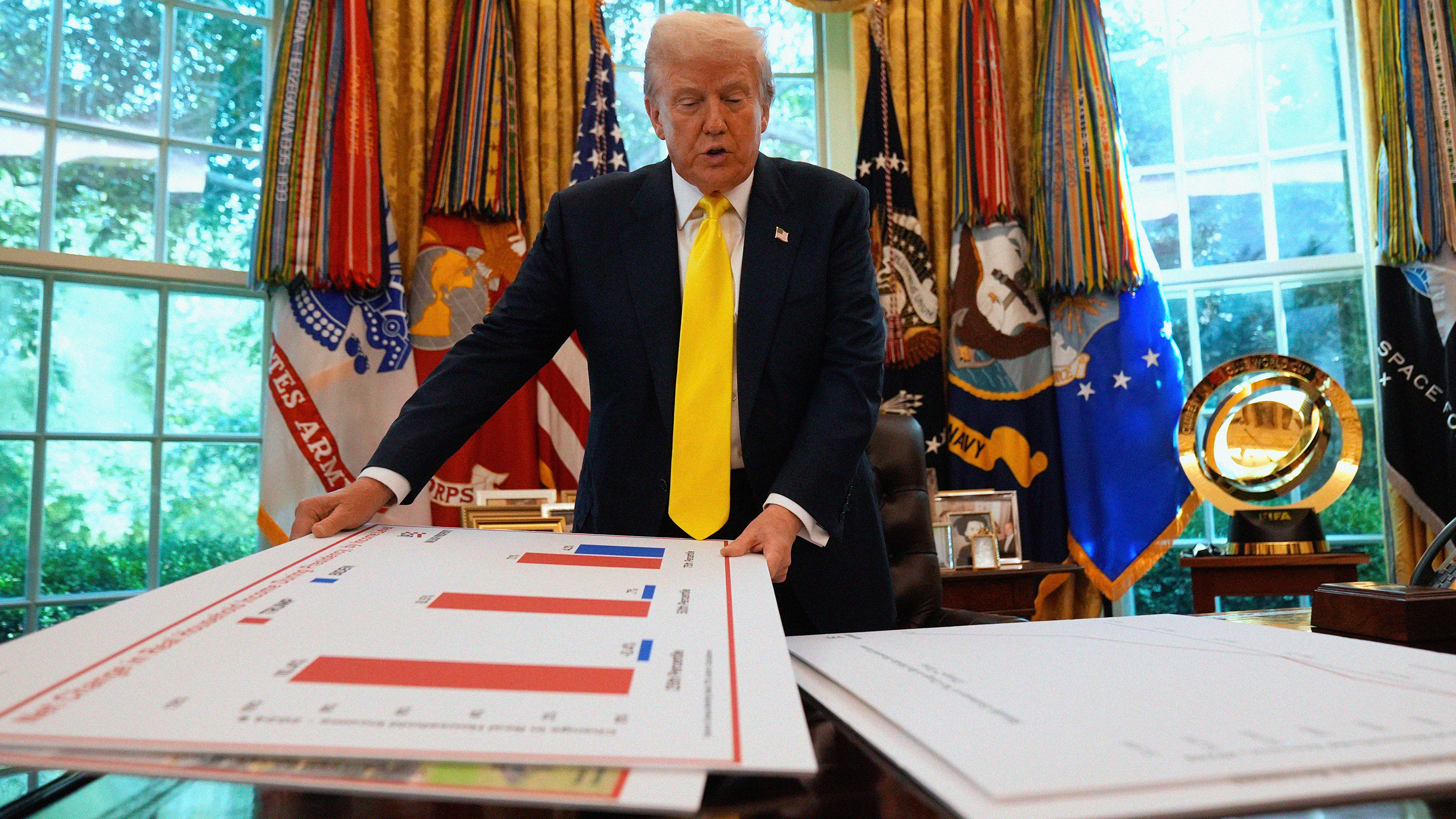 President Donald Trump bläddrar bland diagram under en presentation om USA:s ekonomi i Vita huset.
