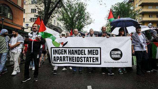 Protester mot Sveriges handel med Israel under en demonstration anordnad av Stoppa Israel, i juli i Stockholm.
