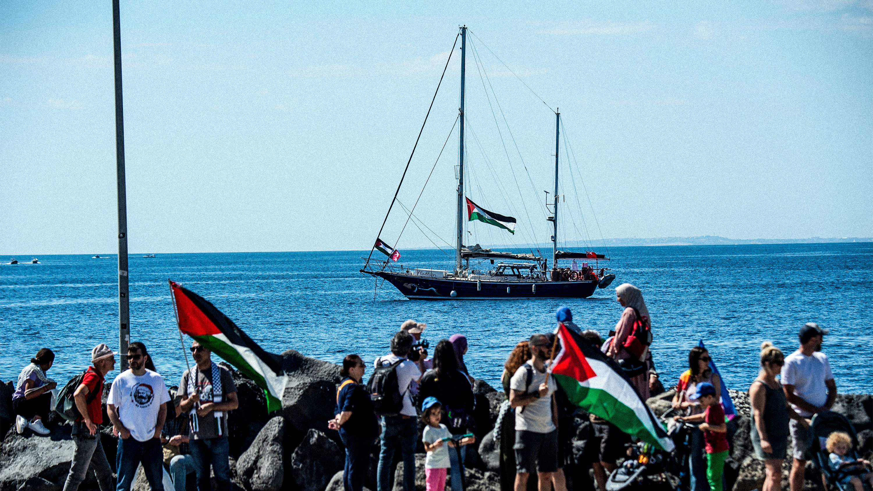 Freedom flotilla utanför Catania, Italien, inför den förra resan mot Gaza.