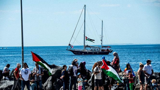 Freedom flotilla utanför Catania, Italien, inför den förra resan mot Gaza.