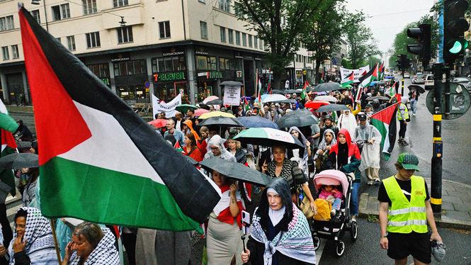 Deltagare vid en demonstration arrangerad av nätverket Stoppa Israel som gick från Odenplan till Gustav Adolfs torg i Stockholm tidigare i somras.