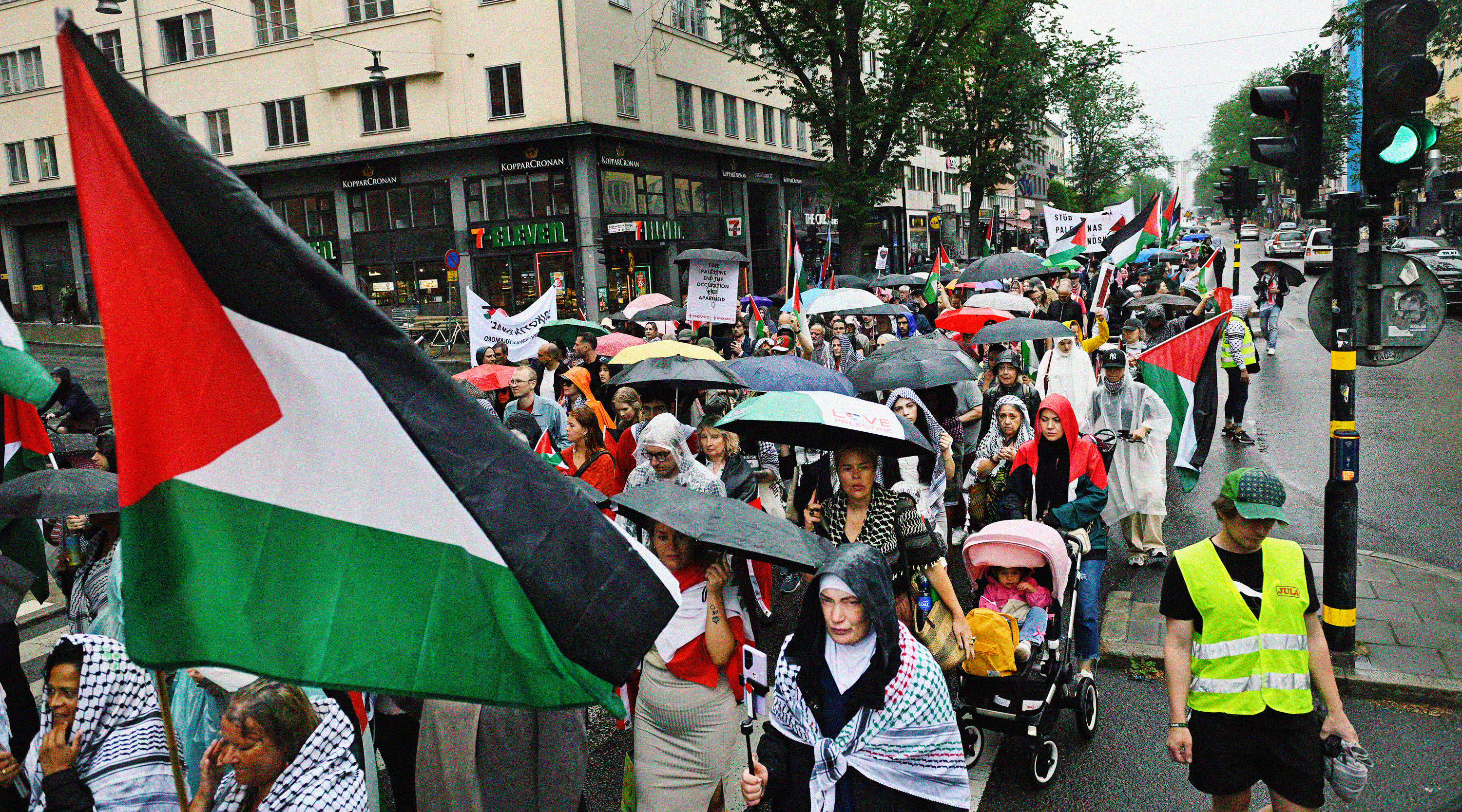 Deltagare vid en demonstration arrangerad av nätverket Stoppa Israel som gick från Odenplan till Gustav Adolfs torg i Stockholm tidigare i somras.