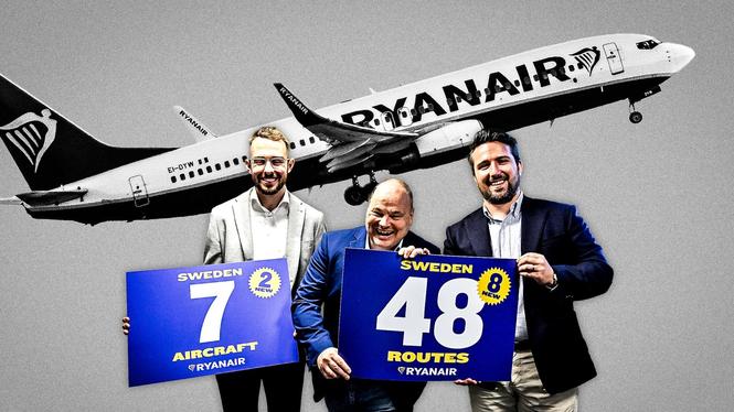 Adam Kehoe, ekonomiansvarig för flygplatser på Ryanair,  Dara Brady,  marknadsföringschef på Ryanair och Darragh Collinge, ansvarige för att  utveckla flygbolagets flygrutter, under en pressträff på torsdagen.