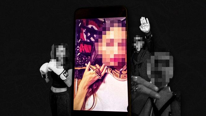 Den 18-åriga kvinnan står i centrum för en svartsjukekonflikt inom Aktivklubb. Här poserar hon med en orm framför en hakkorsflagga.
