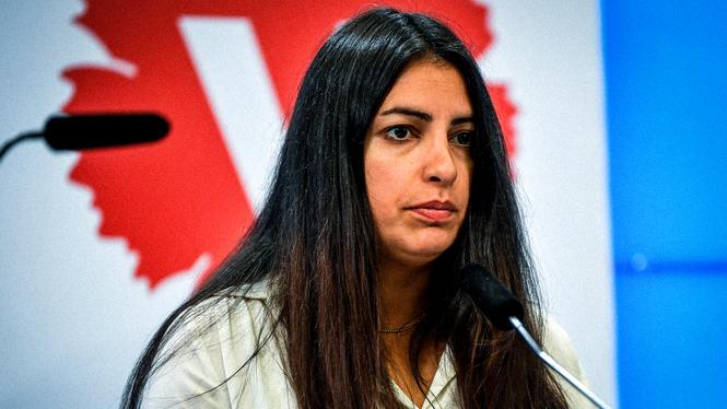 Vänsterpartiets partiledare Nooshi Dadgostar under en pressträff i riksdagens presscenter på måndagen om matpriserna.