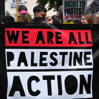 Palestine action demonstrerar i London, måndagen den 23 juni 2025.