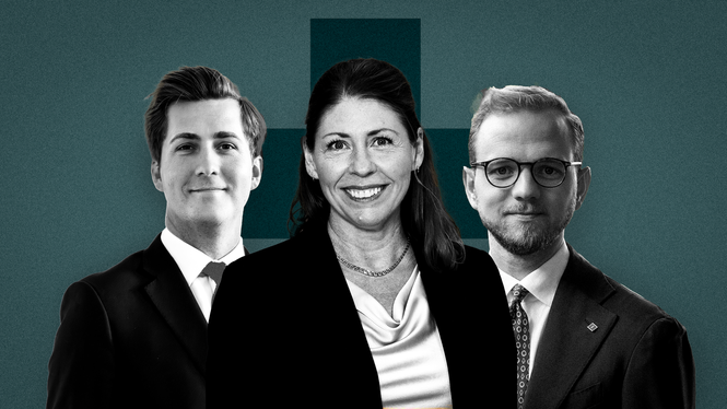 Carl-Johan Schiller (regionråd Region Stockholm, KD), Elisabet Lann (sjukvårdsminister, KD) och Edvin Bernhardsson (vice gruppledare Region Stockholm, KD) debatterar för att staten ska ta över huvudansvaret för sjukvården.
