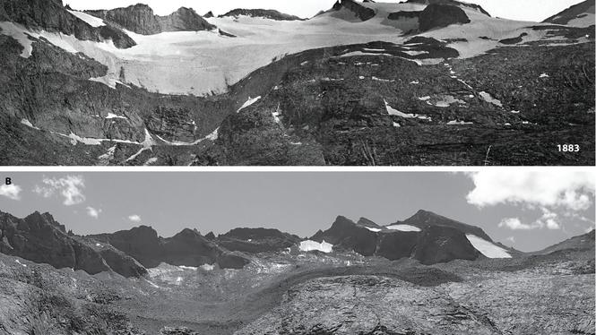 East Lyell-glaciären i nationalparken Yosemite september 1883 jämfört med september 2022.
