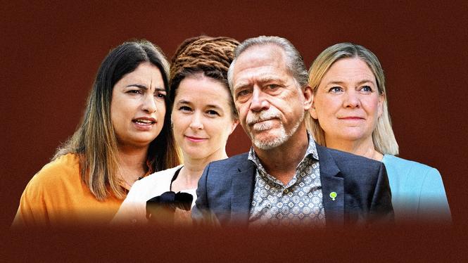 Nooshi Dadgostar (V), Amanda Lind och Daniel Helldén (MP) och Magdalena Andersson (S).