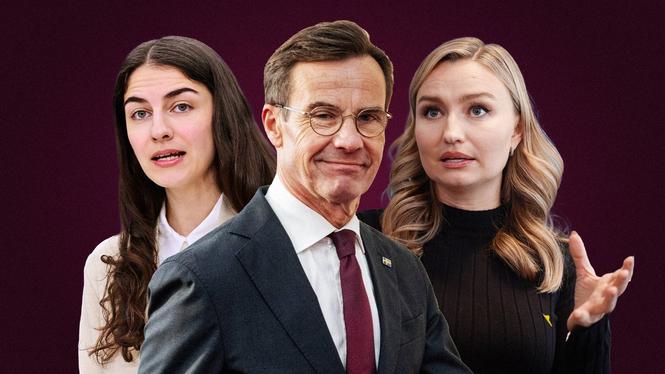 Romina Pourmokhtari (L), Ulf Kristersson (M) och Ebba Busch (KD).