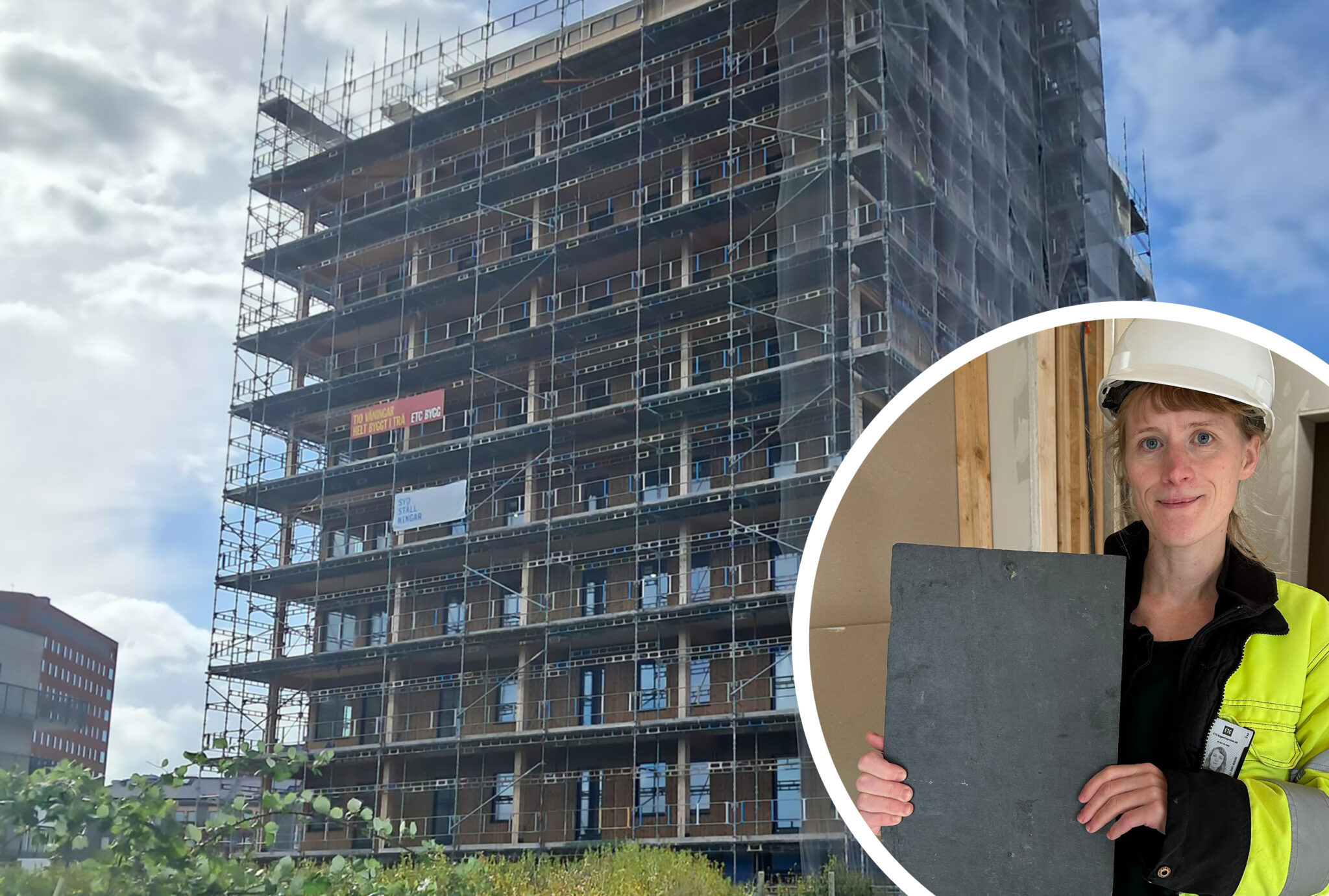 Projektledare Moa Paulin med en av de plattor ETC Bygg hittat på återbruksmarknaden och överväger att använda i bygget. ”Återbrukat är bättre ur hållbarhetsperspektiv.”