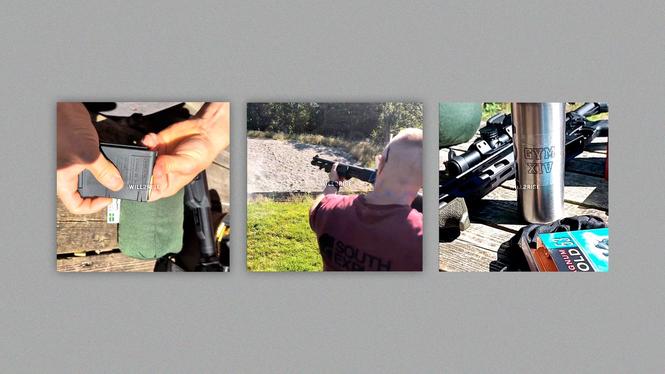 Skärmpdumpar från en video som Gym XIV, baserade i värmländska Deje, spridit. Videon visar hur medlemmarna skjuter, och delades vidare av den internationella Aktivklubb-kanalen på Telegram.