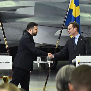 Statsminister Ulf Kristersson (M) och Ukrainas president Volodymyr Zelenskyj under den gemensamma pressträffen i Linköping.