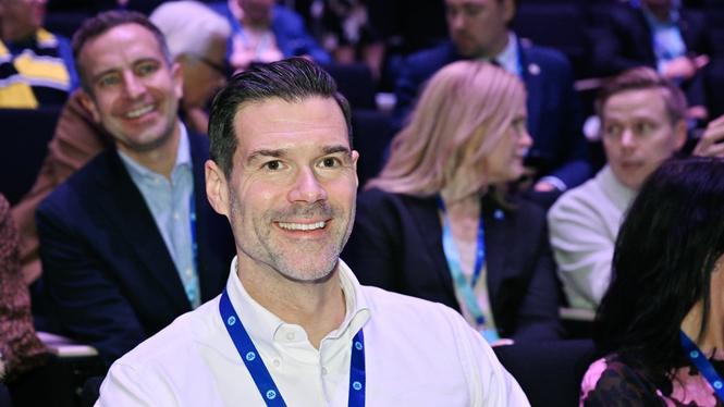 Migrationsminister Johan Forssell (M) på Moderaternas arbetsstämma i Västerås.