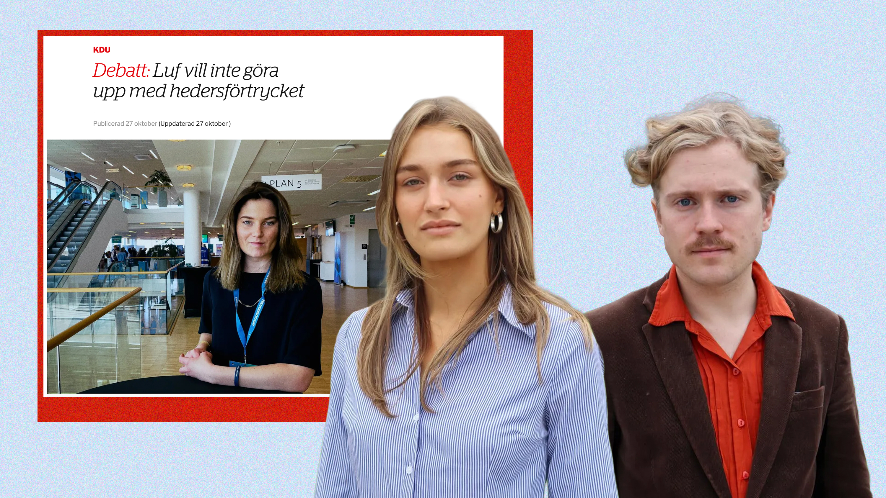Kajsa Karlsbro och Carl Sträng från Luf. Skärmdump från debattartikel av KDU:s förbundsordförande Louise Hammargren.