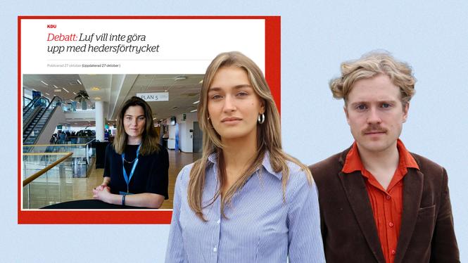 Kajsa Karlsbro och Carl Sträng från Luf. Skärmdump från debattartikel av KDU:s förbundsordförande Louise Hammargren.