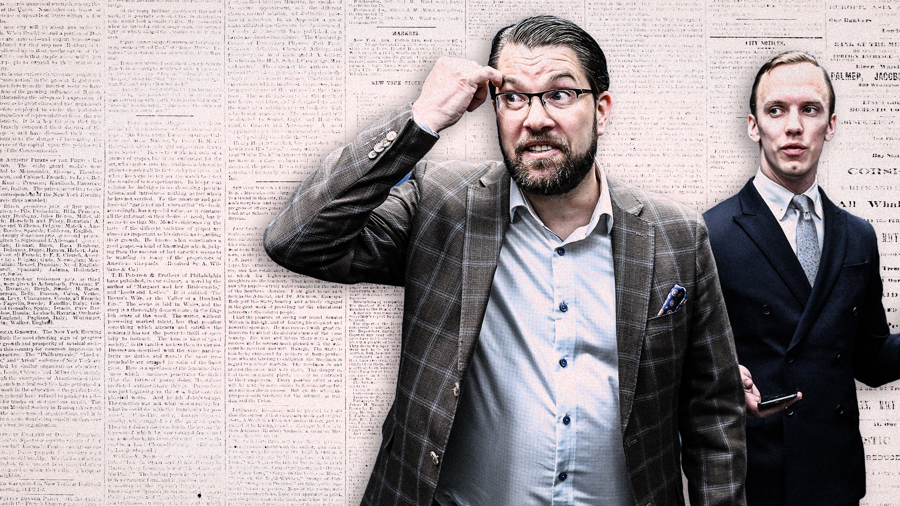 Sverigedemokraternas partiledare Jimmie  Åkesson och partiets presschef Oskar Cavalli-Björkman