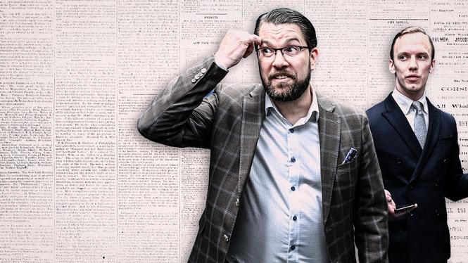 Sverigedemokraternas partiledare Jimmie  Åkesson och partiets presschef Oskar Cavalli-Björkman