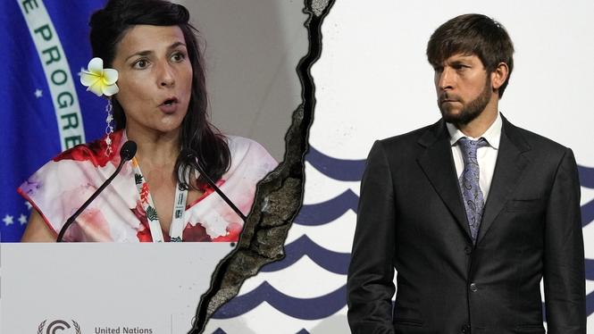 Colombias miljöminister Irene Velez Torres och Rysslands representant Ruslan Edelgeriyev har olika syn på hur och när fossila bränslen ska fasas ut. (Bilden är ett montage)