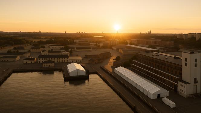 Skiss över hur den nya utomhusscenen Portlands är tänkt att se ut. Området sträcker sig från Banankompaniet (gult byggnadskomplex ovanför vattnet till vänster) och ut längs båda sidor av hamnbassängen.