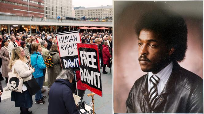 Till vänster: Manifestation 2015 för Dawit Isaak som då suttit fängslad i 5000 dagar, anordnad av Stödkommittén Free Dawit Isaak och Kulturhuset/ Stadsteatern. Till höger: Dawit Isaak.