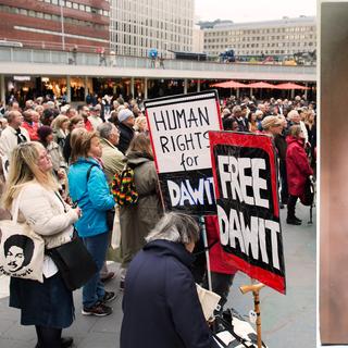 Till vänster: Manifestation 2015 för Dawit Isaak som då suttit fängslad i 5000 dagar, anordnad av Stödkommittén Free Dawit Isaak och Kulturhuset/ Stadsteatern. Till höger: Dawit Isaak.