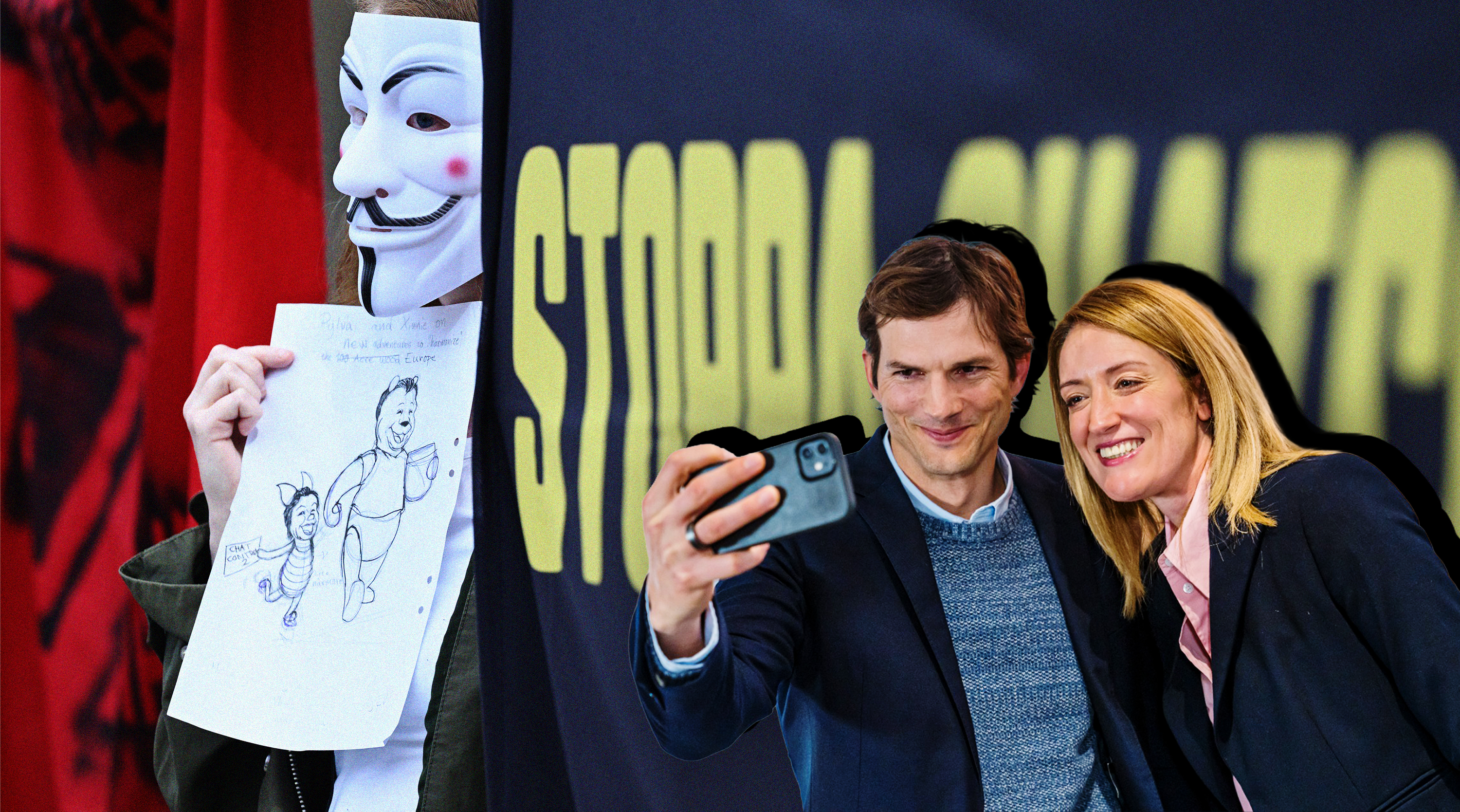 Demonstration mot massövervakningsförslaget Chat Control 2.0 på Mynttorget i Stockholm. Till höger: Ashton Kutcher tar en selfie med Europaparlamentets talman Roberta Metsola.