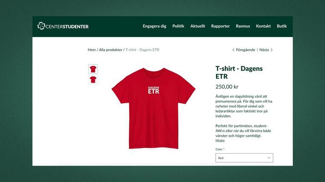 En nny produkt i Centerstudenters webbshop: en röd t-shirt med texten ”Dagens ETR”, formgiven likt logotypen för Dagens ETC.