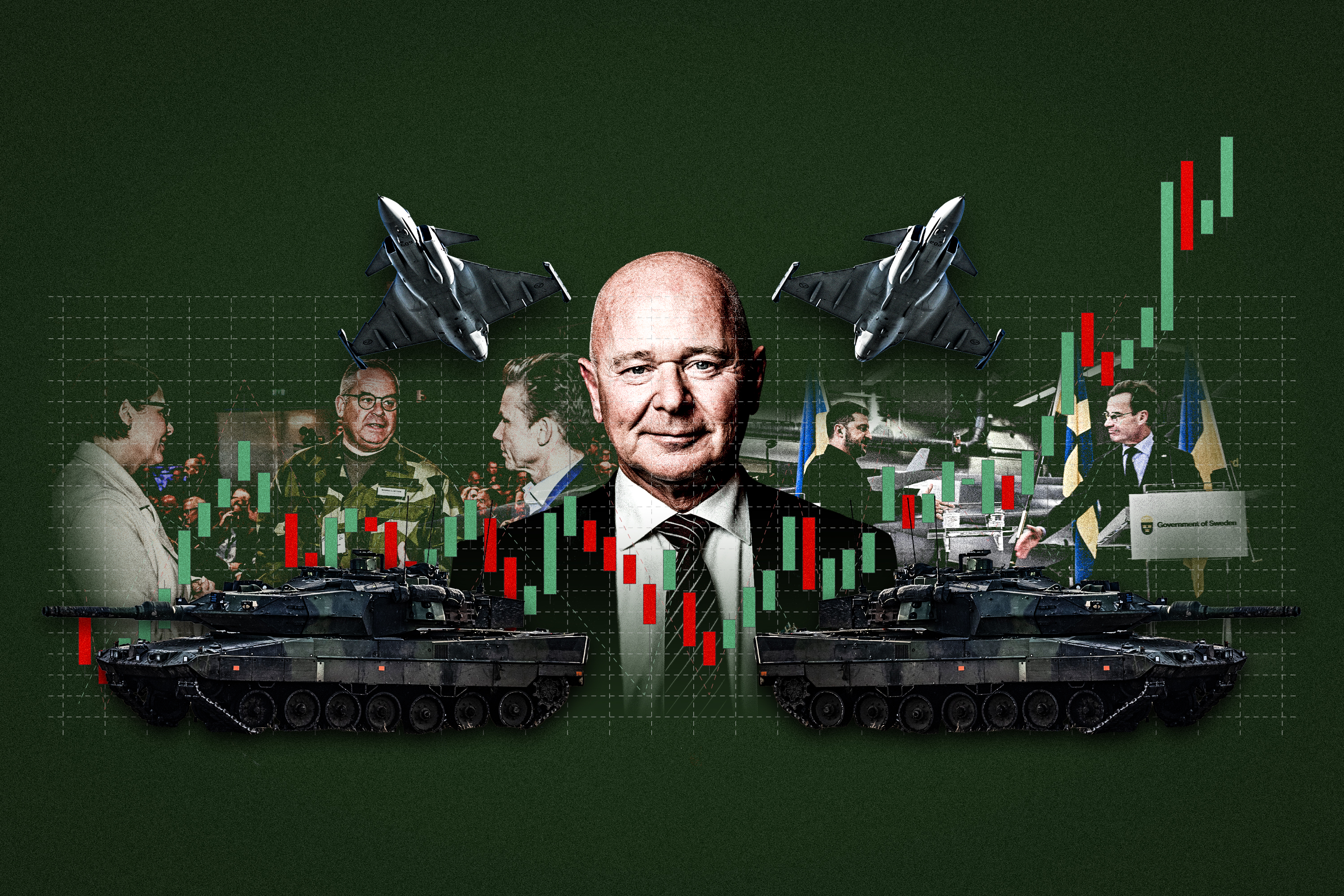 Saabs vd Micael Johansson (mitten), en av de stora vinnarna på den militära upprustningen.