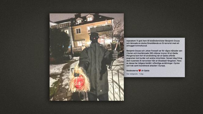 ”Moderaterna älskar Al-Qaida”. Det var budskapet i aktionen mot minister Dousas hem, som utfördes av Rojavakommittéerna.