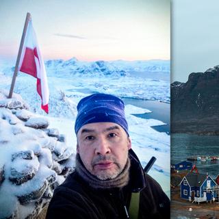 Poul Siegstad med flaggan på toppen av fjället Palasip qaqqaa, eller Præstefjeldet på danska. Till höger syns fjället med Sisimiuts hamn i förgrunden. Staden ligger strax norr om polcirkeln och är Grönlands nordligaste.