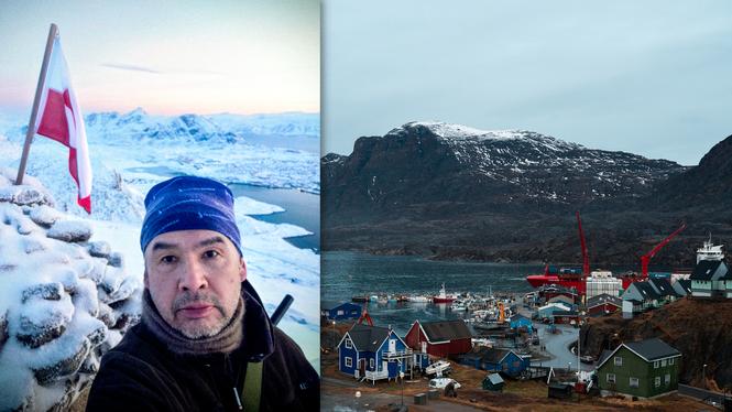 Poul Siegstad med flaggan på toppen av fjället Palasip qaqqaa, eller Præstefjeldet på danska. Till höger syns fjället med Sisimiuts hamn i förgrunden. Staden ligger strax norr om polcirkeln och är Grönlands nordligaste.