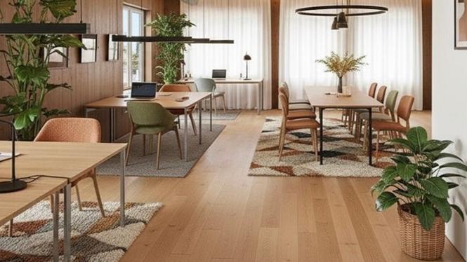 Lokalerna i bottenplan kan användas till kontor och butik. Bilden är renderad för att visualisera en potentiell möblering.