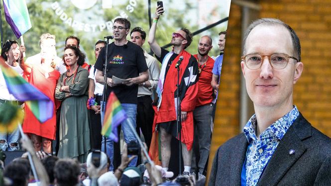 Borgmästaren i Budapest Gergely Karácsony håller tal på förra årets Pride. Oppositionsborgarrådet i Stockholm Jan Jönsson (L) var en av de som var på plats.