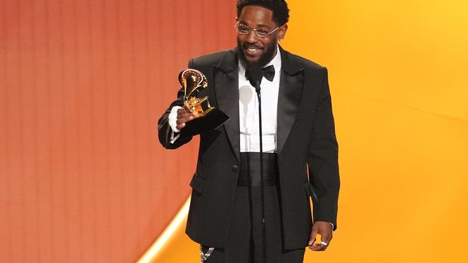 Kendrick Lamar under sitt tacktal för bästa rap-album. 