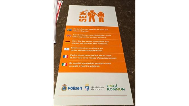 Den här broschyren delas ut i Umeå under rally-veckan. Vid stora evenemang som lockar internationella gäster, brukar också sexköpen öka.