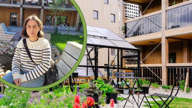 Emma Flavet (runda bilden, där hon sitter framför hyreshusen i Västerås) förklarar varför ETC Byggs hyresgäster har låga räkningar. Bilden med växthus framför balkongbalustrad av solceller är tagen vid våra hyreshus i Växjö.