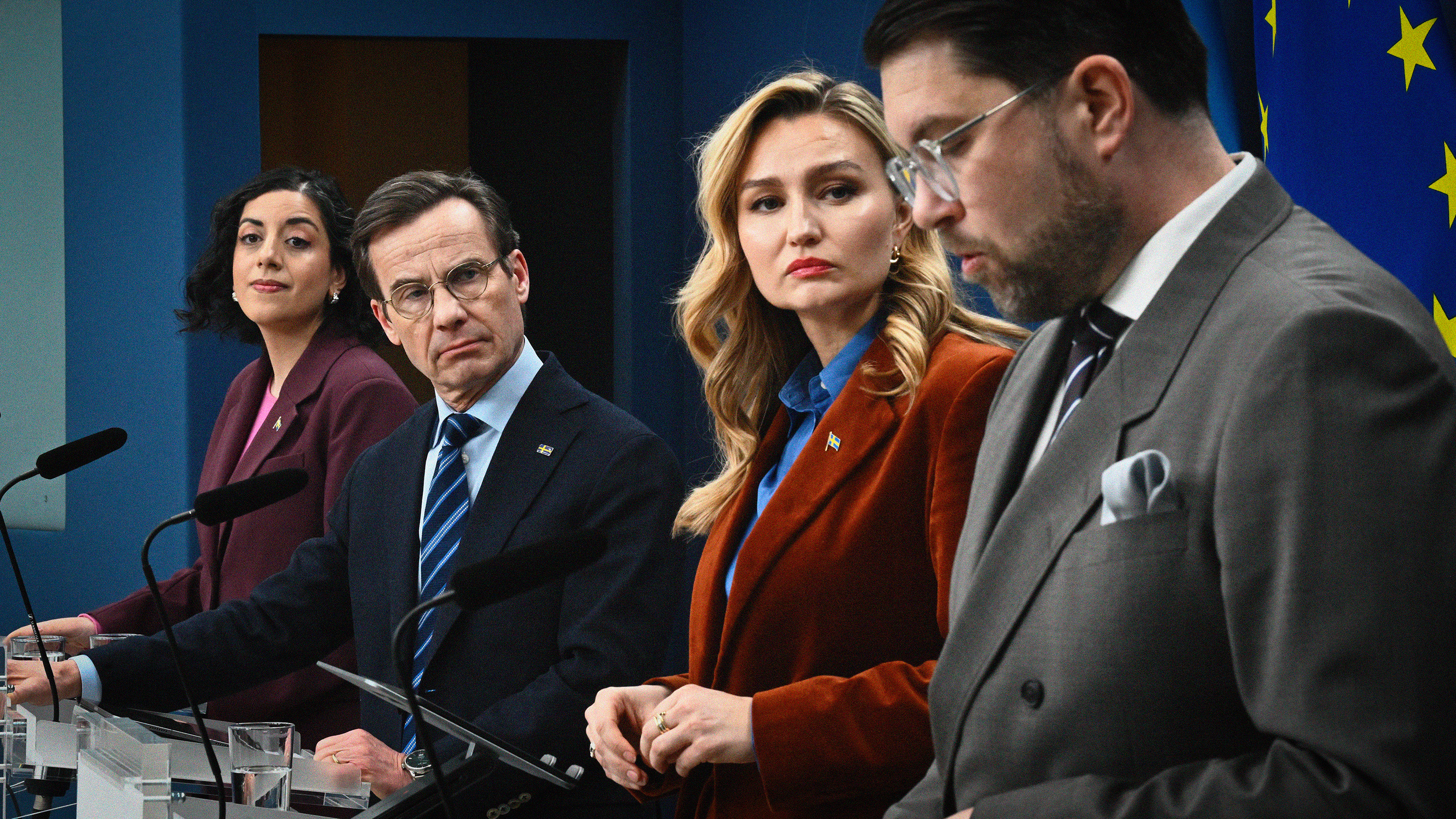 Tidöpartierna under pressträff gällande migrationsområdet.