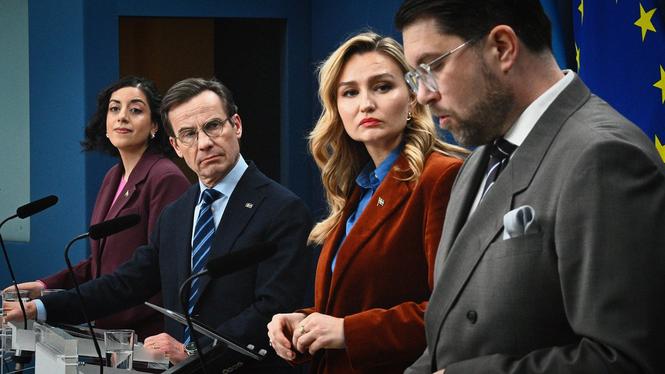 Tidöpartierna under pressträff gällande migrationsområdet.