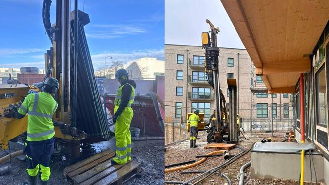 Trots en rad tekniska problem med utrustningen är arbetet med att borra för bergvärme till huset snart i mål.