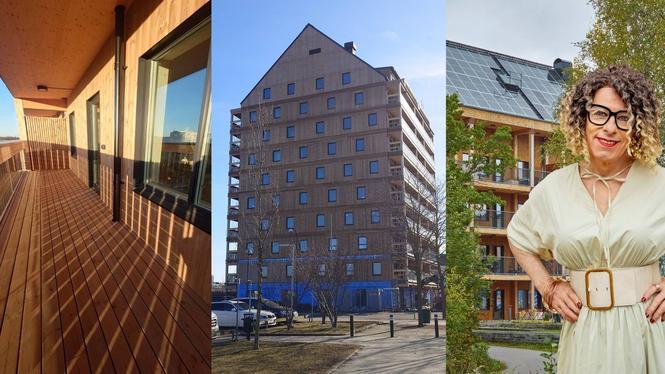 Vi bygger i hållbara material, ett klimatpositivt byggande. På bilden till vänster syns de rymliga balkongerna i huset som uppförs i Malmö (mitten) och bakom bilden på Johan Jenny Ehrenberg skymtar ett av våra hyreshus i Västerås.