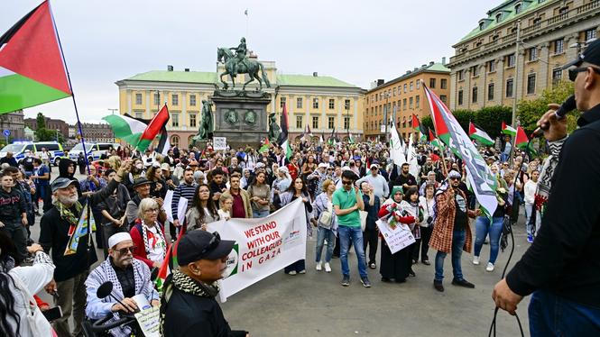 Demonstration arrangerad av nätverket Stoppa Israel i september 2025.
Foto: Magnus Lejhall / TT / Kod 10658