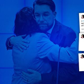 Simona Mohamsson (L) och Jimmie Åkesson (SD) kramas under pressträffen.