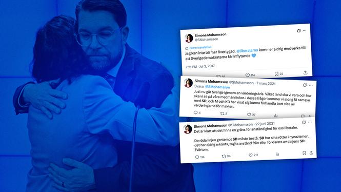 Simona Mohamsson (L) och Jimmie Åkesson (SD) kramas under pressträffen.