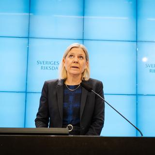 Magdalena Andersson (S), partiledare på pressträff i riksdagen under onsdagen. 